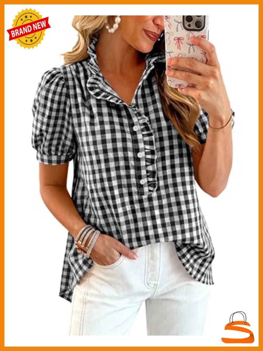 Puff Short Sleeve Button Down Blouse Ruffle V Neck Business Casual Work Top